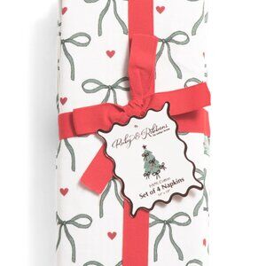 Bows And Hearts Scalloped Embroidery Napkins, set of 4, NEW
